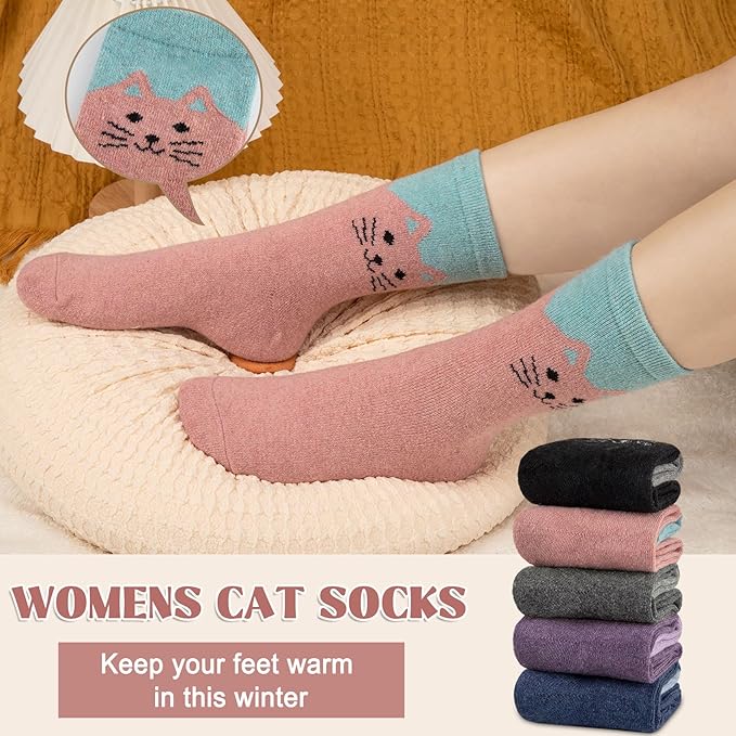 Justay 5 Pairs Womens Wool Socks Thick Warm Winter Socks Casual Cozy Socks Vintage Knit Crew Socks Gift for Women
