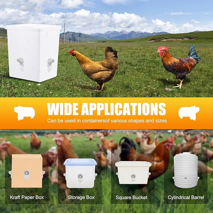 Chicken Feeder Port 12 Pack - No Waste DIY Poultry Feeding Kit with Stopper Lid & Hole Saw, Reusable Rain Proof Automatic Coop Gravity Feeder for Hens Ducks Geese (White)