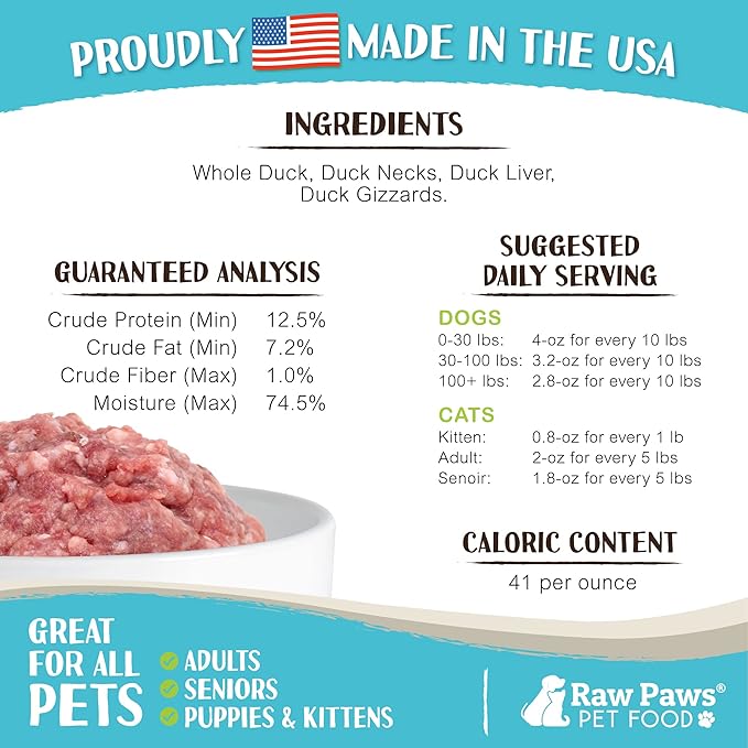 Raw Paws Signature Blend Pet Food for Dogs & Cats - Duck Recipe, 3-lb Rolls (6 Pack) - Fresh Pet Food Made in USA - Natural Rolls - Raw Frozen Duck Dog Food - Raw Dog & Cat Food