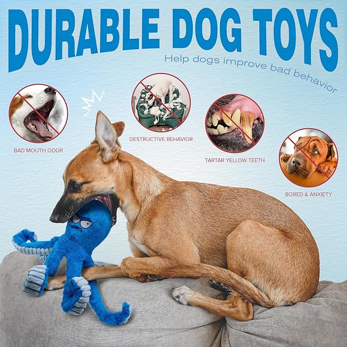 LEGEND SANDY Tough Dog Toys, Stuffed Chew Large Dog Toys to Keep Them Busy, Interactive Squeaky Tug of War Doggie Toy, Crinkle Blue Octopus (Blue Octopus 2p)