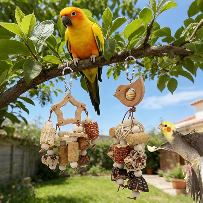 Litewoo 2PCS Natural Bird Foraging Parrot Shredding Toys Hanging Wood Conure Chewing Toys Bird Cage Accessories for Budgie Lovebird Cockatiel Conure Other Small and Medium Size Birds