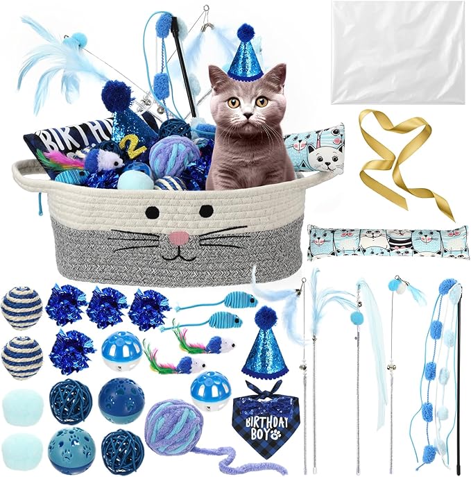 Zopeal Mother’s Day Cat Toy Set Interactive Cat Toys Pack Including Feather Teaser Wand Plush Gift Outfit Mice Crinkle Balls and Pet Bell Balls, Puzzle for Indoor Cats Gift Basket for Kitten(Blue)