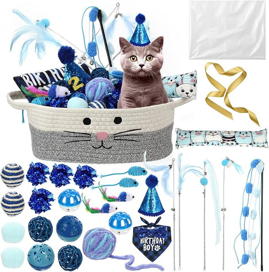 Zopeal Mother’s Day Cat Toy Set Interactive Cat Toys Pack Including Feather Teaser Wand Plush Gift Outfit Mice Crinkle Balls and Pet Bell Balls, Puzzle for Indoor Cats Gift Basket for Kitten(Blue)