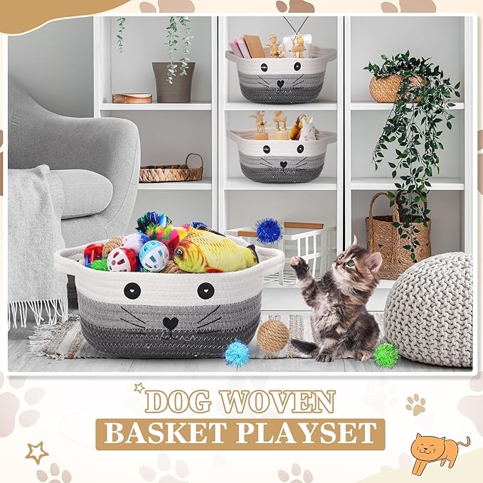 Zopeal 58 Pcs Mother’s Day Cat Storage Basket Gift Toys Set, Colorful Flashing Balls Pet Bell Crinkle Balls Spring Toys Attract Cat to Swat, Hunt, Interactive for Pet(Multicolor,9.8 Inch)