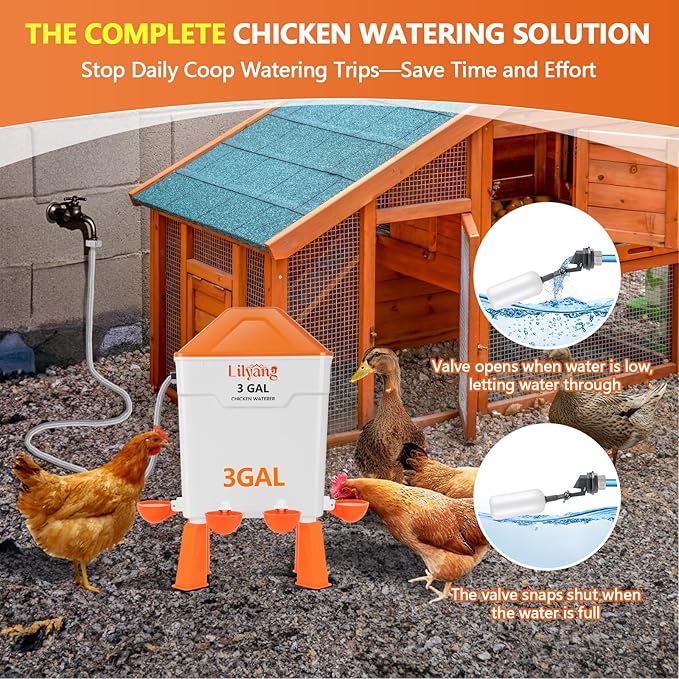Lilyang Automatic Chicken Waterer & Feeder 3 Gallon, Auto-Refill Chicken Waterer with Float Valve, Anti-Spill Feeder & Leak-Proof Cups, End Daily Refilling & Mess, Standing or Hanging Use