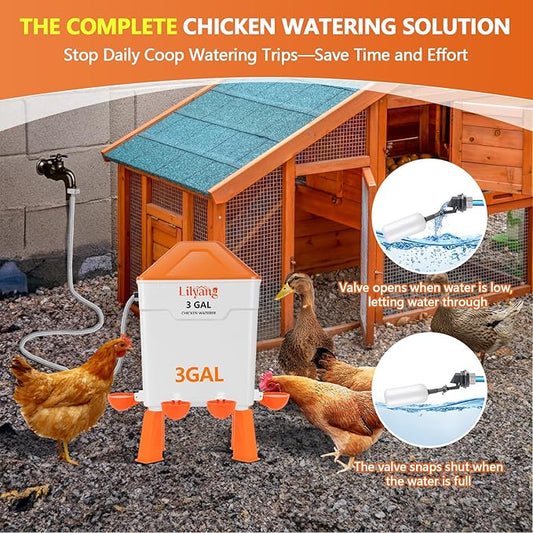Lilyang Automatic Chicken Waterer & Feeder 3 Gallon, Auto-Refill Chicken Waterer with Float Valve, Anti-Spill Feeder & Leak-Proof Cups, End Daily Refilling & Mess, Standing or Hanging Use
