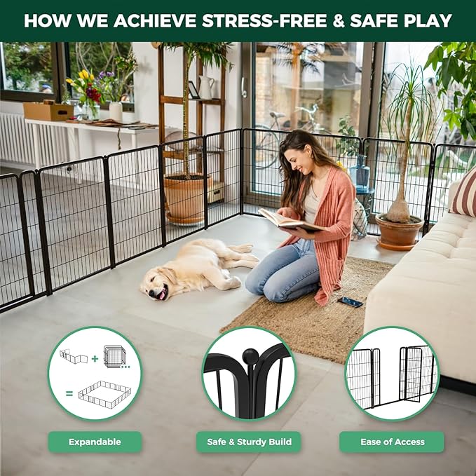 FXW Homeplus Unleashed Indoor Dog Playpen - Stress-Free and Safe Play, Heavy Duty 40 Inch 6 Panels Dog Pen for Medium and Large Dogs, Black│Patented