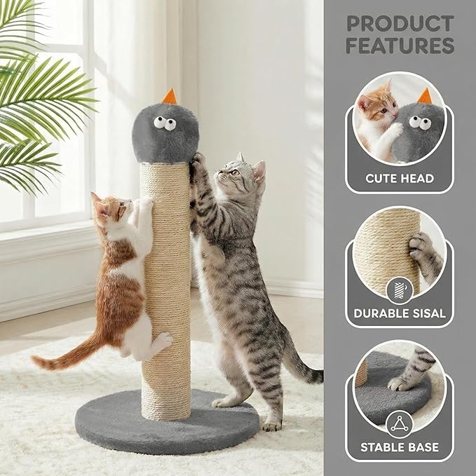 Cat Scratching Post for Small Space, 22'' Scratching Posts for Indoor Cats Adults, Extra Wide 13.4" Stable Base & Natural Sisal, Cute Cat Scratching Post with Short Plush Fabric for Large Cats, Grey