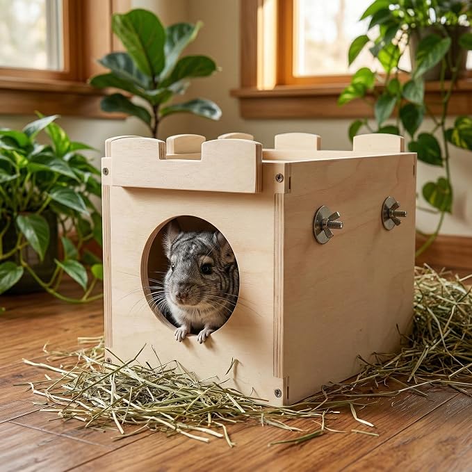 Castle Hanging Chinchilla House, Small Animal Hideout | Chinchilla, Guinea Pig, Hedgehog, or Rat, Ventilated Wooden Hamster Habitat with Multiple Doors, Made from Natural Wood