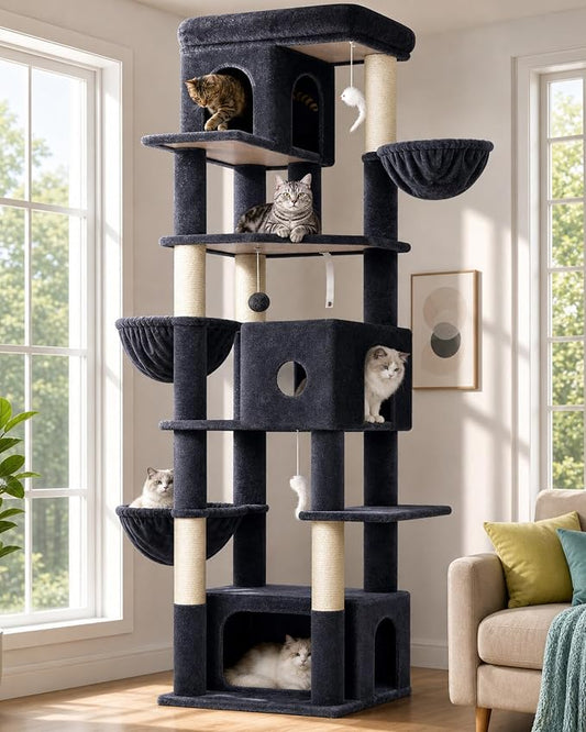 Globlazer Large Cat Tree, 80 inch Multi-Level Tall Climbing Tower Kitty Condos Cat Scratching Tower for Indoor Multiple Large Adult Cats Kittens with 3 Cat Caves, 3 Hanging Baskets, F80F, Dark Grey