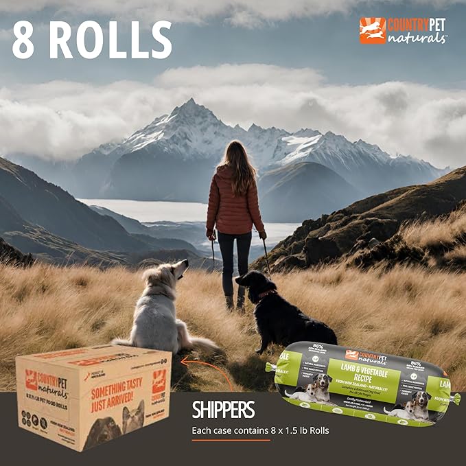 New Zealand Lamb & Veggie Frozen Fresh Dog Food, High-Protein 91% Grass-Fed Free-Range Meat, Gently Cooked, Grain-Free, Omega-3s, 8 Rolls (12 lb Case)