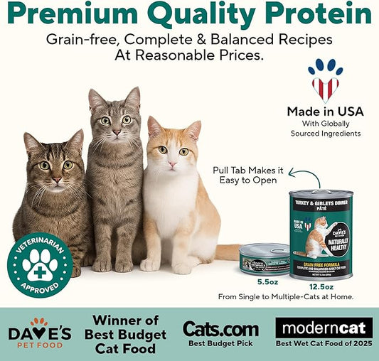 Dave's Pet Food Grain Free Canned Cat Food (Turkey & Giblets Pate), Made in USA Naturally Healthy Canned, Canned Pate, 12.5 oz Cans (12 Pack)