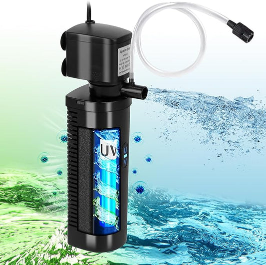 TARARIUM Aquarium Filter U-V for 20-75 Gallon, 200GPH Fish Tank Filter w/ 5W U-V Light Green Clean Machine Submersible Powerful Pump Internal Filter for Turtle Tank Saltwater Freshwater Crystal Clear