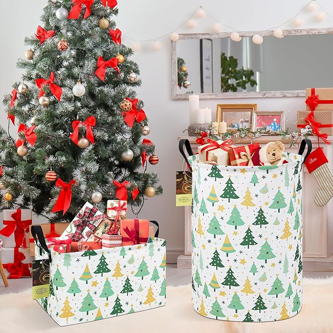 Collapsible Fabric Storage Basket, Waterproof Laundry Hamper with Handles, Round Storage Bin for Clothes Toys, Foldable Organizer for Bedroom Nursery Bathroom(Round-Christmas tree)