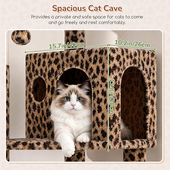 Globlazer Leopard Cat Tree Tower with Scratching Post for Indoor Cats, 53in Plush Multi-Level Cat Climbing Tower Condo House with Large Hammock, Spacious Cat Cave, Padded Top Perch, F53, Leopard Print