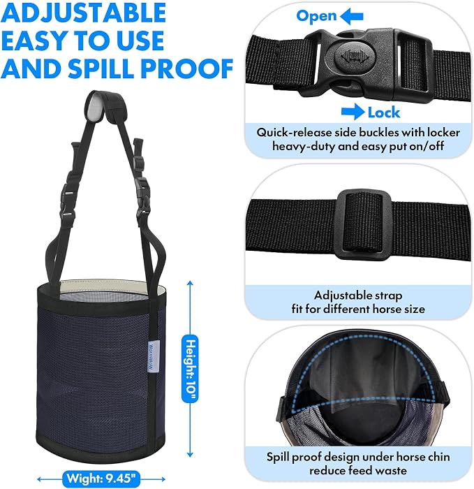 Horse Feed Bag Pack of 2 (Reinforced Bottom Edging), Feed Bags for Horses with Ventilation Mesh, Comfort Nose Pad Neck Pad, Adjustable Strap, Spill Proof Design for Feeding Grain, Supplements