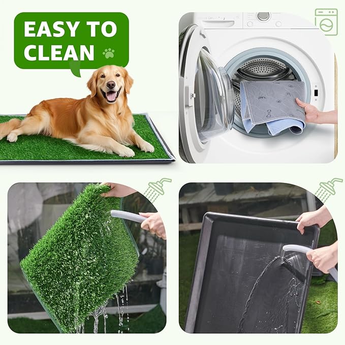 Dog Grass Pad with Tray - 35''x23'' Portable Dog Litter Box with 2 Pack Hemmed Edge Artificial Grass Patch + 2 Washable Reusable Pee Pads, Indoor Outdoor Fake Grass Pad for Dogs Potty