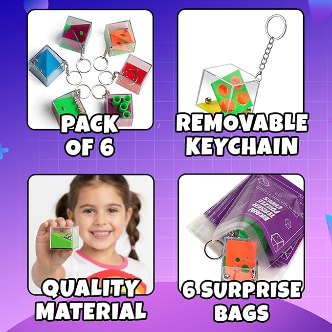 Brain Teaser Puzzle Cubes on Keychain (6 Pack) - Mini Maze Toys for Kids, Unique Party Favors, Goodie Bag Fillers, Treasure Box Classroom Rewards, Bulk Small Toys for Boys & Girls