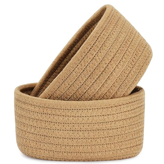 【2 Pack】ABenkle Small Woven Baskets, Tiny Oval Shallow Storage Baskets, Mini Cotton Rope Empty Decorative Basket, Boho Little Organizer Bins for Bathroom, Cat Dog Toy Gifts Baskets