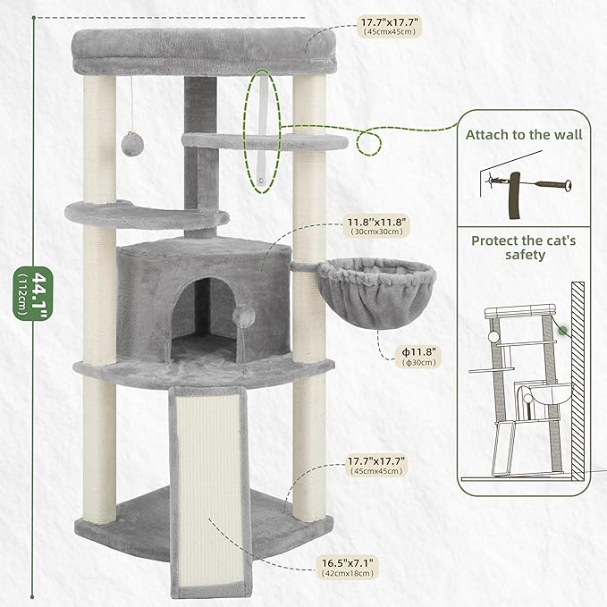 Gitelsnour Corner Cat Tree for Indoor Cats, Cat Tower with All Sisal Scratching Posts, Multi-Level Cat Condo wth Cat Cave, Large Top Perch, Hanging Basket, Sisal Ramp, Light Gray GCT025W