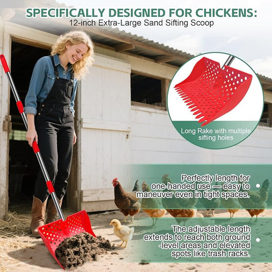 12" 2-in-1 Chicken Poop Scooper & Rake, 3-Shape Sifting Holes Chicken Coop Rake, Stainless Steel Handle (20–61") - Litter Scooper & Sand Sifting Shovel (U.S. Patent No. D1124534) - Red