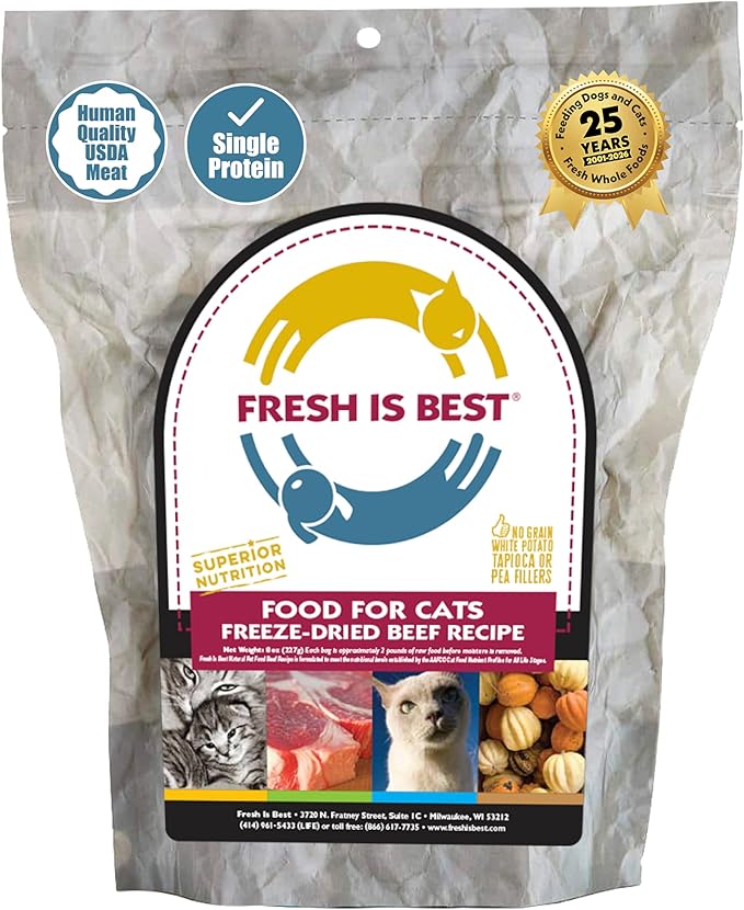 Fresh Is Best Beef Freeze Dried Cat Food – Raw Cat Food for Kittens & Adult Felines – High-Protein Freeze Dried Beef in Resealable Zipper Bag – Made in the USA – 8 oz