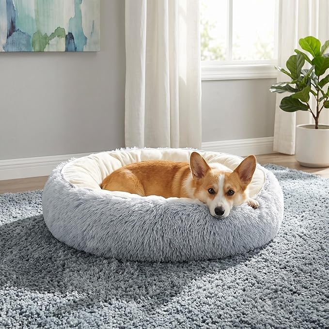 Calming Donut Dog Bed Cat Bed, Fluffy Long Fur Outer & Short Fur Inner, Sweat-Free Cozy Cuddler, Non-Slip Bottom,for Small Medium Dogs Cats Puppy Kitten (Donut Bed - Grey, Medium 19.7 Inches)