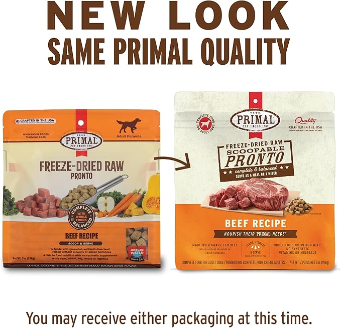 Primal Freeze Dried Dog Food, Pronto Mini Nuggets, Beef; Scoop & Serve, Complete & Balanced Meal; Also Use as Topper or Treat; Premium, Healthy, Grain Free High Protein Raw Dog Food (7 oz)