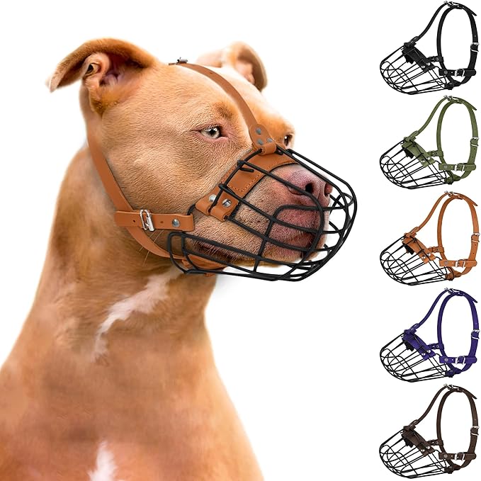 Pitbull Dog Muzzle Breathable Metal Basket for Large Dogs Amstaff Staffordshire Terrier Secure Wire Mask Adjustable Durable Leather Straps Biting Chewing Barking (Brown)