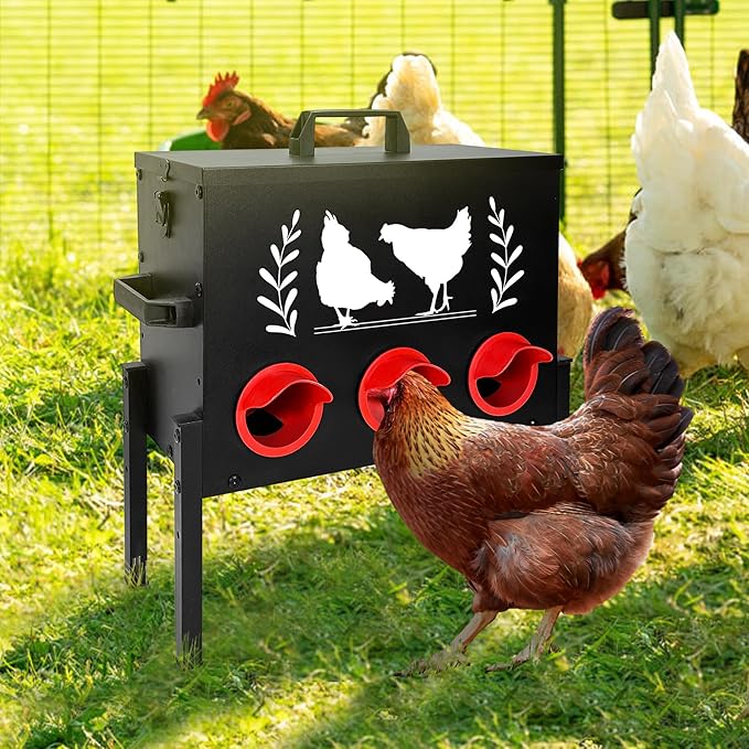 No Waste Automatic Chicken Feeder (30 LB), Rodent Resistant Metal Poultry Feeder with Locking Lid, Adjustable Stand & 8 Ports, Heavy Duty Weatherproof Feed Box for Hens, Ducks