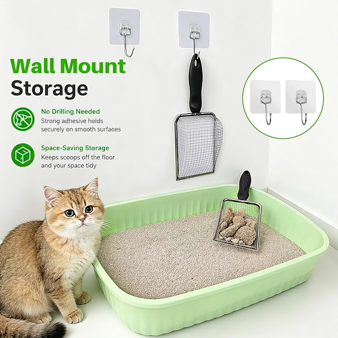 2 Pack Cat Litter Scoop with 3.8mm & 5mm Mesh – Stainless Steel Kitten Litter Scoop with 2 Adhesive Hooks, Metal Cat Poop Scooper for All Litter Types, Efficient Sifting & Easy Cleaning for Litter Box