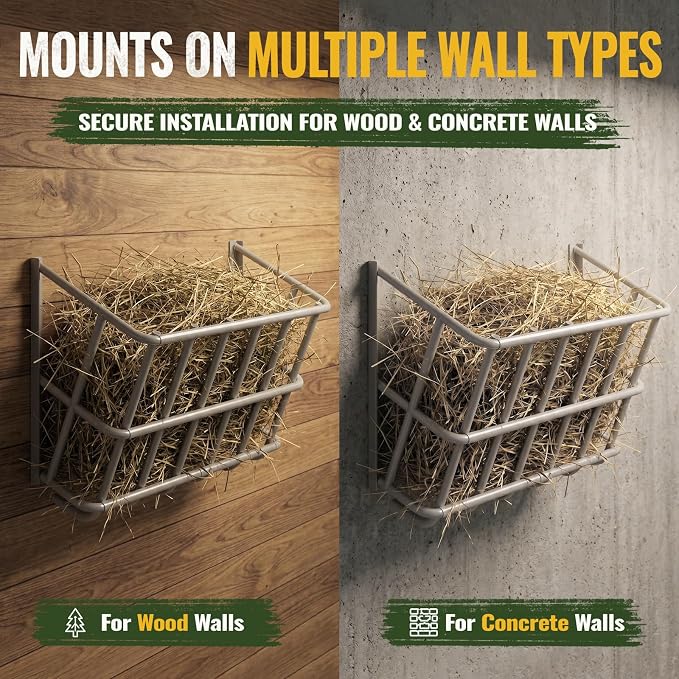 20 Gallon Wall Mount Hay Feeder, Metal Hay Rack for Goats and Horses | Galvanized steel, livestock feeding rack, barn stall feed holder, space-saving, rounded edges, easy install
