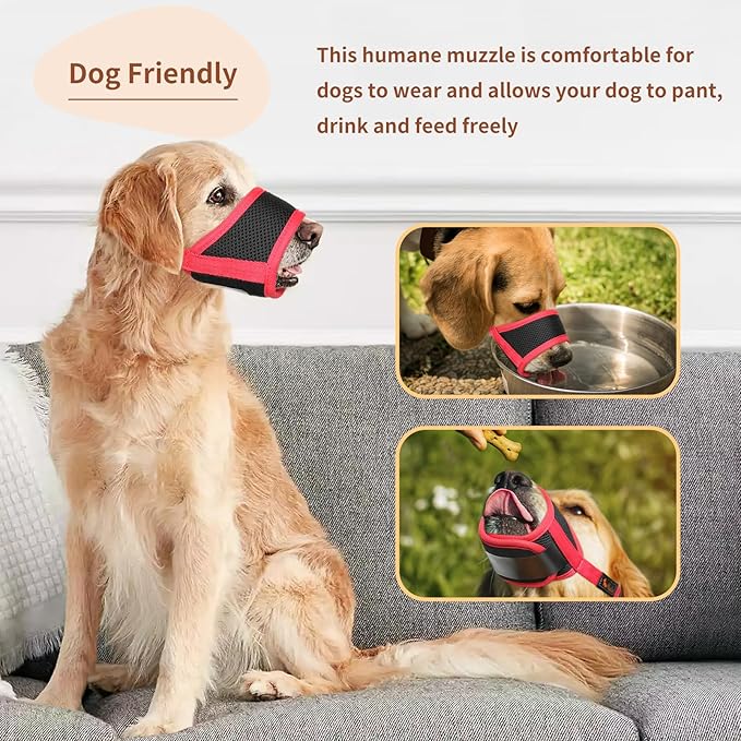HEELE Dog Muzzle,Soft Nylon Muzzle Anti Biting Barking Chewing,Air Mesh Breathable Drinkable Adjustable Loop Pets Muzzle for Small Medium Large Dogs 4 Colors 4 Sizes (Red, L)