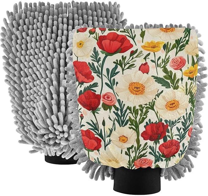 Car Wash Mitt Microfiber Wash Mitts for Car Washing Scratch-Free Cleaning Gloves Soft Non Absorbent Chenille Auto Hand Mitt Large 2Pack Poppy and Roses Flowers Bushes