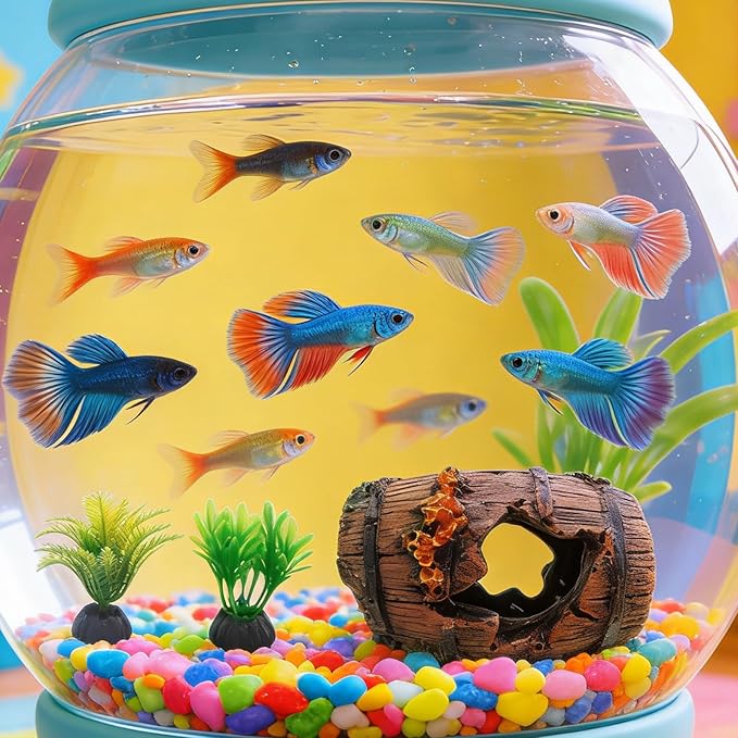 9 Pcs Aquarium Artificial Plastic Glass Plants and Rock Cave Decor Set, Goldfish Betta Fish Tanks Decoration Accessories Green Plants, Simulation Water Plant Corals Ornaments