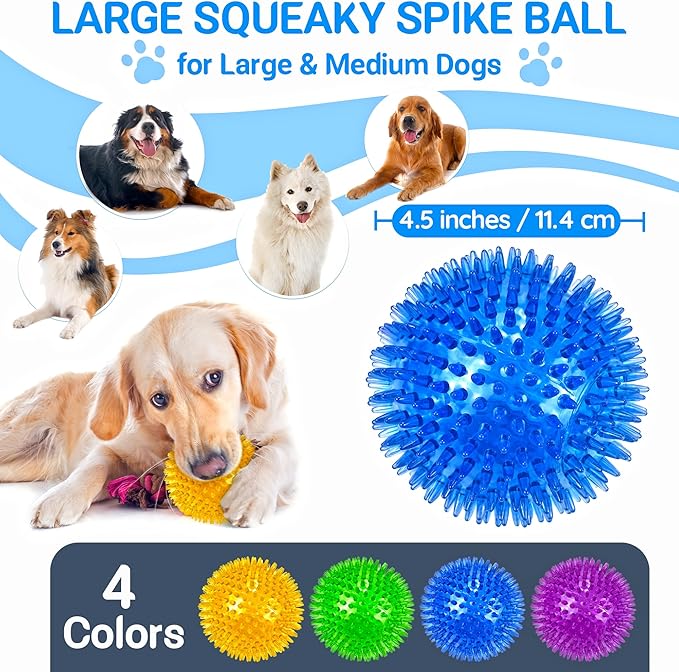 LECHONG 4-Pack Large Squeaky Dog Balls, 4.5" Rubber Spiky Dog Balls for Large Medium Aggressive Chewers Teeth Cleaning, Chew Toy for Training & Boredom Buster