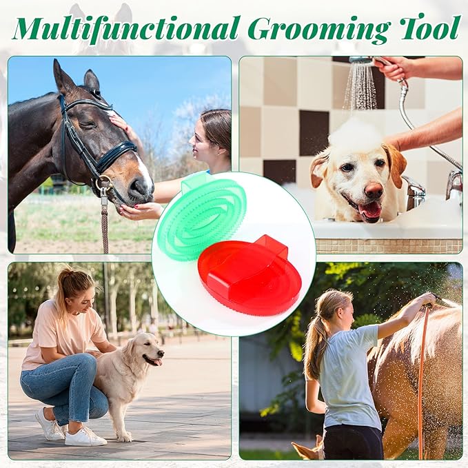 LemonRoad 10 Pcs Large Rubber Curry Comb with Handle Bulk Horse Grooming Brush for Barns and Rescues, Shedding and Bath Brush for Horses Dogs Cats, 5 Colors, 4.6 x 5.8 Inch