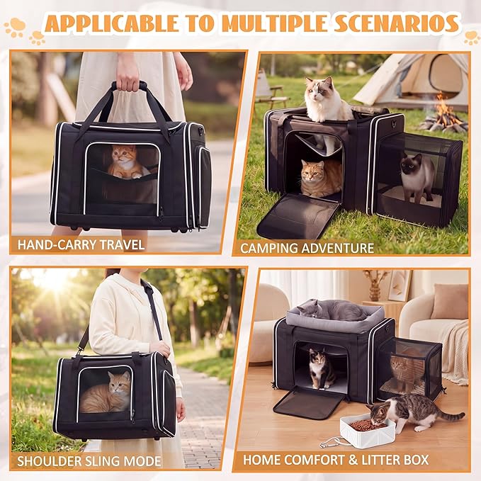 Extra Large Cat Carrier with Built-in Litter Box for Car Travel & Road Trips, Expands to 36"x17"x17", Soft-sided Foldable Travel Crate for 1-2 Large Cats, Multi-entry, Ventilated Mesh, Seat Belt Ready