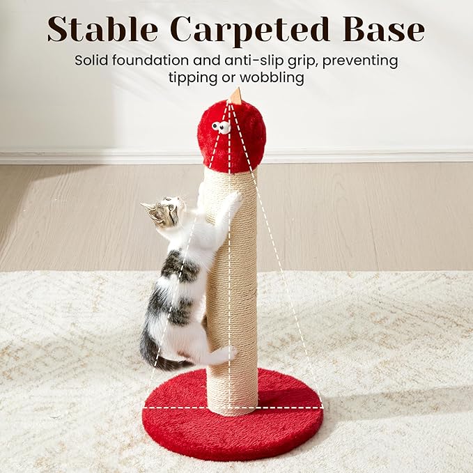 Cat Scratching Post for Small Space, 22'' Scratching Posts for Indoor Cats Adults, Extra Wide 13.4" Stable Base & Natural Sisal, Cute Cat Scratching Post with Short Plush Fabric for Large Cats, Red