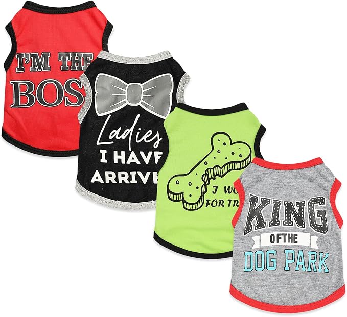 4 Pieces Dog Clothes for Small Dogs Girl Boy Summer Puppy Clothes for Chihuahua Yorkie Soft Cute Pattern Dog Shirt Spring Pet Cat Clothing Pink Rose Red Green XXS~M (Grey,Red,Black,Green, Medium)