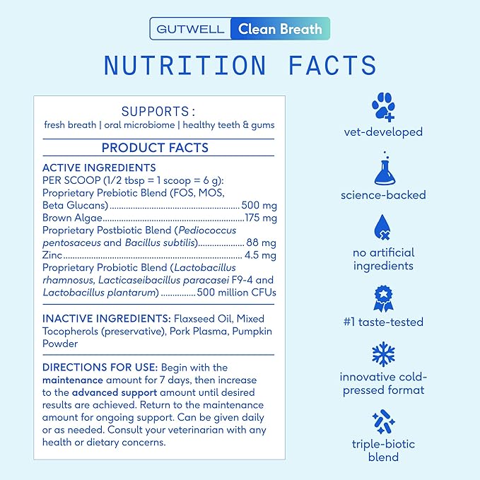 Native Pet GutWell Clean Breath - Dog Breath Freshener & Dog Teeth Cleaning Powder Cold-Pressed to Reduce Plaque, Tartar & Promote Oral Health with Triple-Biotic Blend, Brown Algae & Zinc - 60 Scoops