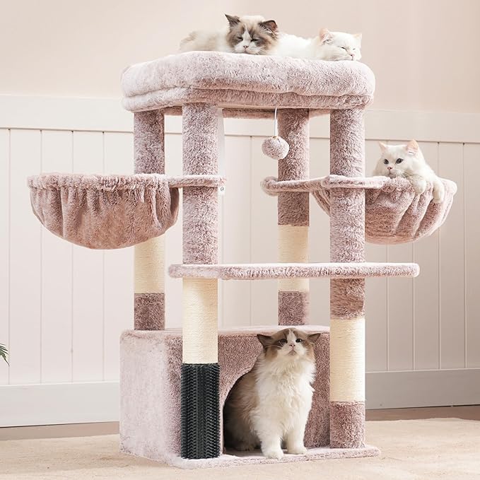 Hey-brother Cat Tree Tower with Extra Large Platform, Spacious Condo, 2 Cozy Hammocks, Self-Grooming Brush, Sisal Scratching Posts for Big Indoor Adult, Maine Coon, 35.4 Inches, Muchroom MPJ060MU
