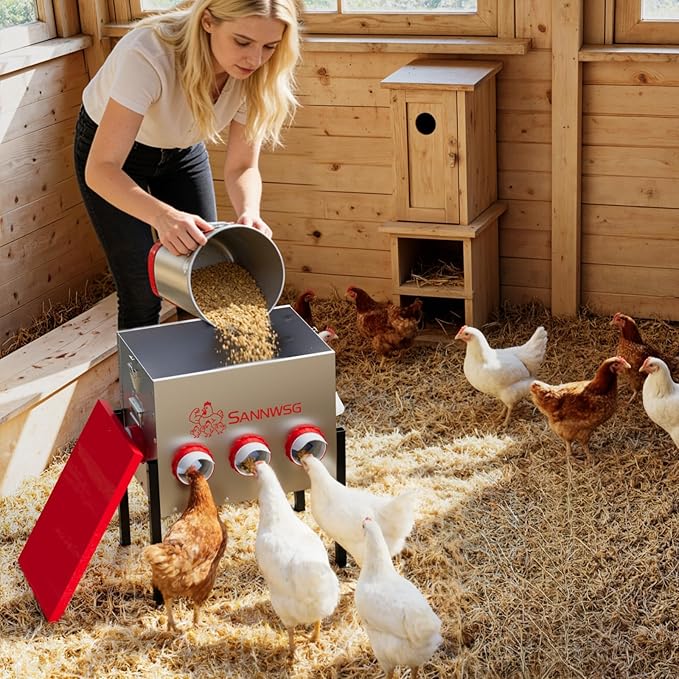 Chicken Feeders,68 lb Capacity 8 Port Automatic Chicken Feeder, Metal Chick Feeder with Locking Lid and Legs, Chicken Feeder for Chickens, Ducks, Geese