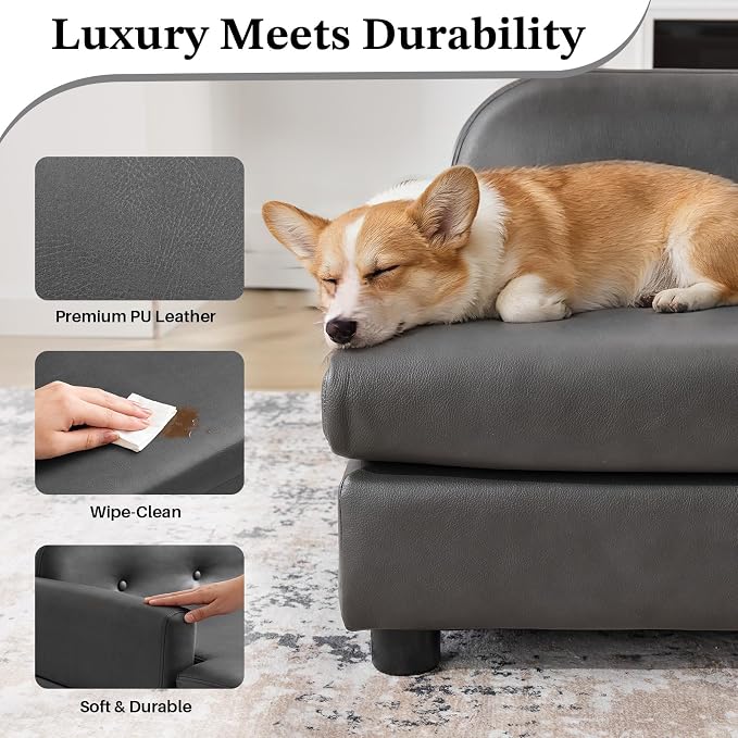 Luxury Dog Sofa Bed Elevated Pet Couch with Durable Waterproof Leather & Orthopedic Sponge - Modern Furniture Style Dog Lounge & Pet Bedside Step for Medium/Large Dogs, Gray