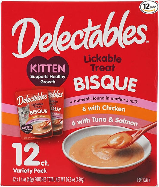Delectables Lickable Treat Bisque Kitten Wet Cat Treat with Real Tuna & Salmon, Complete & Balanced, Hydrating, Grain-Free, No Fillers, No by-Products, No Added Preservatives, 1.4oz Pouch, 12ct