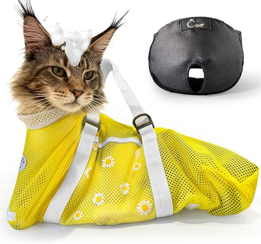 Cinf Cat Bathing Bag(Free Muzzle) Breathable Mesh Anti Scratch Adjustable Cat Grooming Bag for Nail Trimming, Bathing Soft Cat Washing Bag(Yellow) M