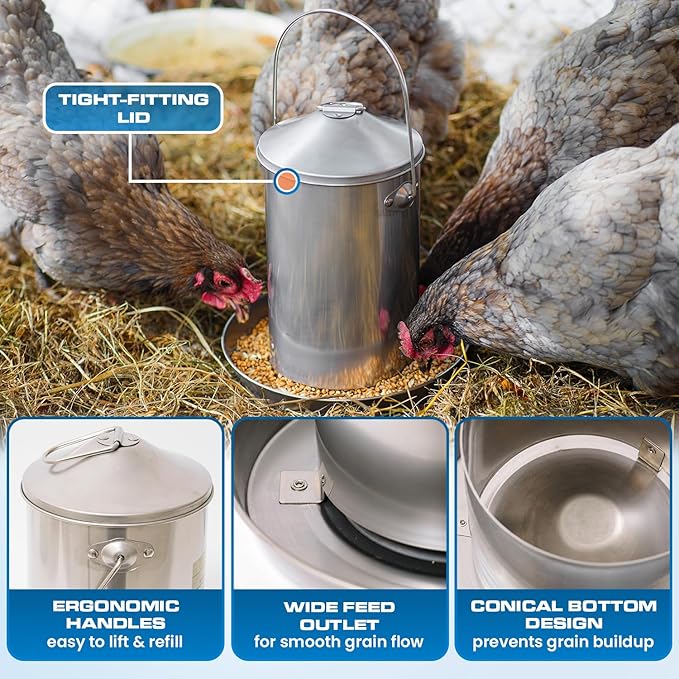 Plexon 6.6 Lb Hanging Chicken Feeder No Waste – Stainless Steel Poultry Feeder with Handle, Heavy Duty Metal Feeder for Chickens Ducks Turkeys, Backyard Coop
