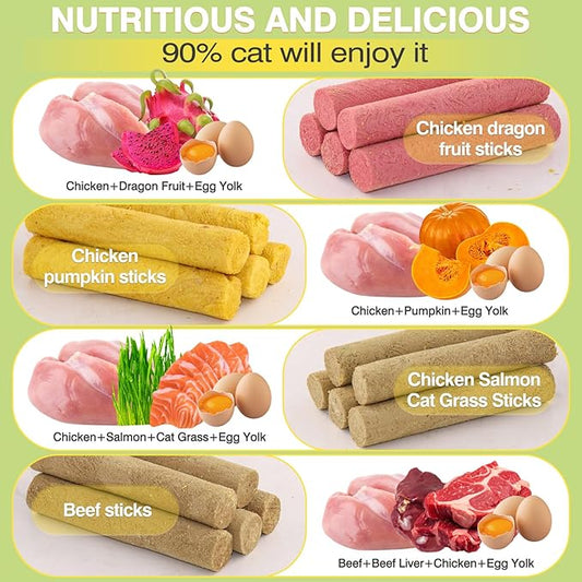 4 Flavors/110g Freeze-Dried Cat Treats,Chew Sticks for Cats and Dogs,Cats Dental Healthy and Hairball Control,Digestive Health Support,(Beef,Cat Grass Salmon,Chicken Pumpkin,Chicken Dragon Fruit)