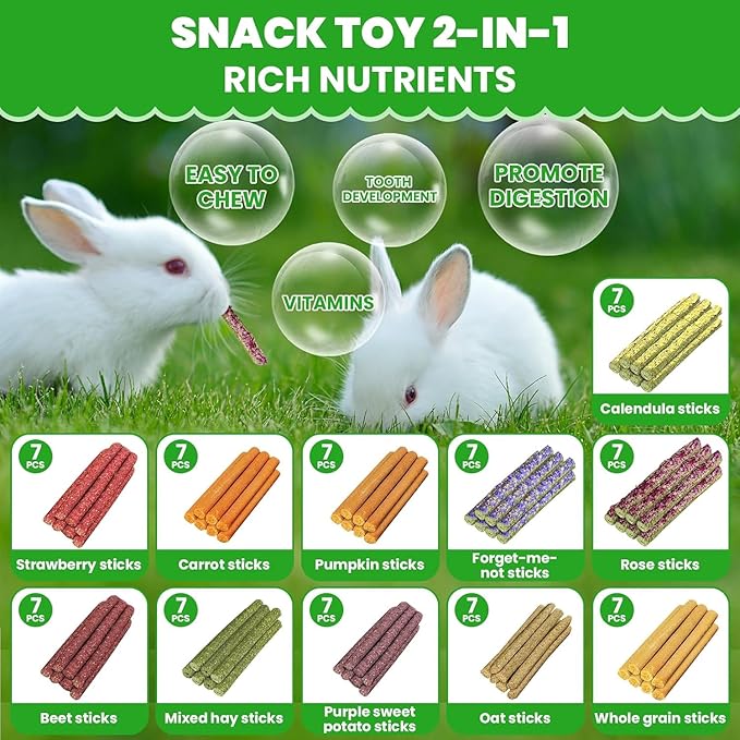 77Pcs Rabbit Chew Sticks, Guinea Pig Toys, 11 Flavors Natural Grass Molar Teeth Stick, Mixing Flowers, Roses, Calendula and Forget Me Not, Small Animals Treats