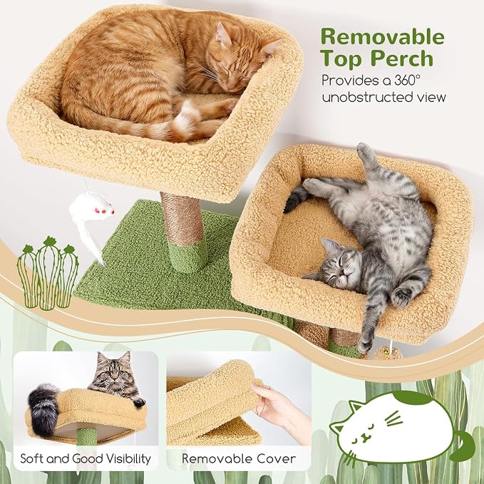 Globlazer Cactus Cat Tree Tall, 71 inches Cat Tower for Indoor Adult Cats Multi-Level 3 Condos for Indoor Cats XL Cat Tree Tower with Scratching Posts, Soft Extra Large Hanging Basket, F71, Green
